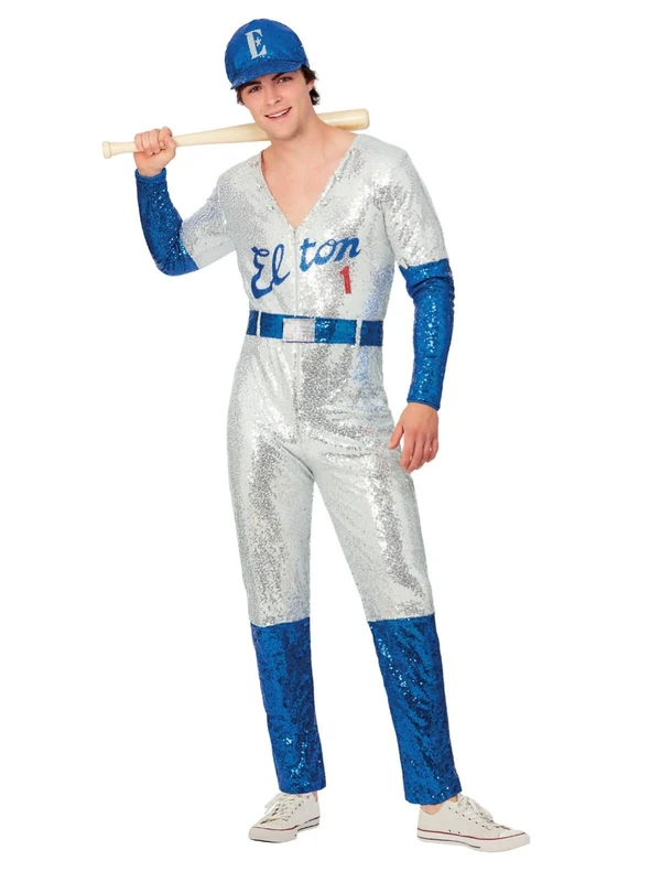 Smiffys Elton John Deluxe Sequin Baseball Costume for Adults, Jumpsuit and Cap, Silver and Blue, Officially Licensed, Perfect for Music-Themed Events and Fancy Dress, World Book Day