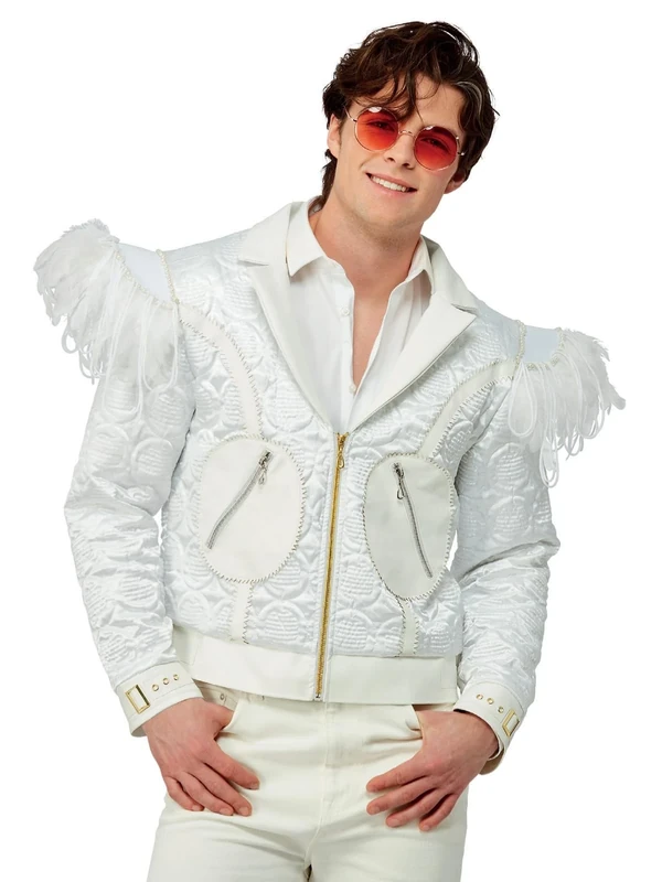 Smiffys Elton John Feather Jacket for Adults, Quilted Jacket with Feather Shoulders, White, Officially Licensed, Ideal for Music-Themed Fancy Dress with Feather Embellishments Halloween