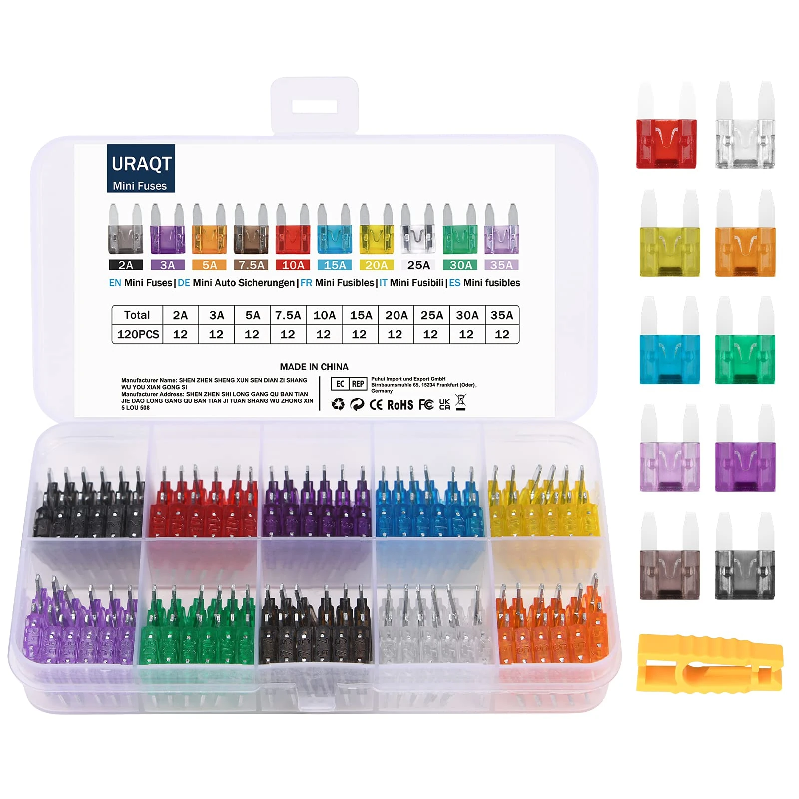URAQT 120pcs Auto Standard Blade Fuses - Replacement Kit with Storage Case & 10 Types (2A-35A) Car Fuse