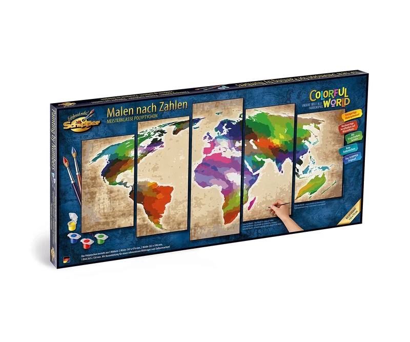 Schipper 609450856 Painting by Numbers - Colourful World - Painting Pictures for Adults Including Brush and Acrylic Paints, 5 Pictures, Master Class Polyptych, Professional, Edition, 132 x 72 cm