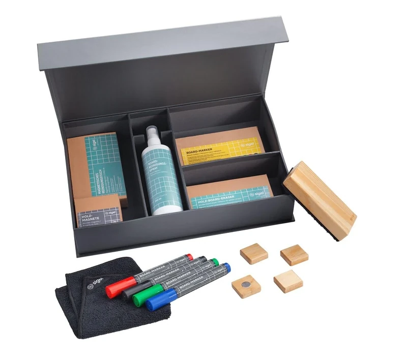SIGEL BA311 Board Starter Kit - 4 non-permanent markers, 4 wooden square magnets, 1 wooden eraser brush with spare strips, 1 magnetic cleaning cloth, 1 cleaning spray