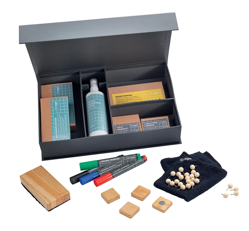 SIGEL BA310 Board Starter Kit - 4 non-permanent markers, 25 wooden pins, 4 square wooden magnets, 1 wooden eraser brush with spare strips, 1 magnetic cleaning cloth, 1 cleaning spray