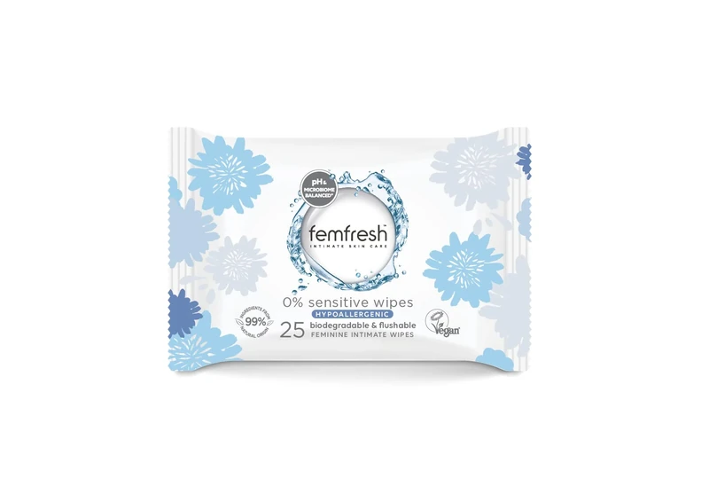 Femfresh 0% Sensitive Intimate Wipes - Gentle pH Balanced Feminine Wipes, 25 Pack