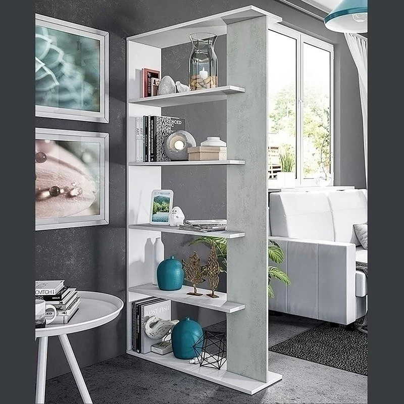 Dmora - Bookcase Columbia, Double-sided bookcase with 5 shelves, Office or bedroom divider shelf, 90x25h180 cm, White and Cement