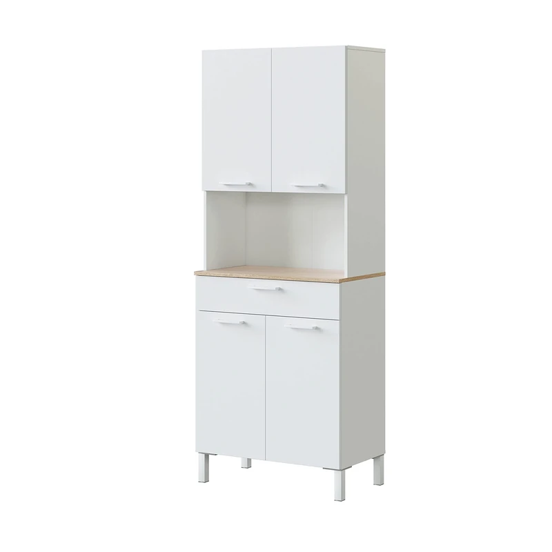 Dmora - Multipurpose cupboard Chandler, Auxiliary kitchen cabinet, Sideboard with 4 doors and 1 drawer with shelves, Open wardrobe, 72x40h186 cm, White and Oak