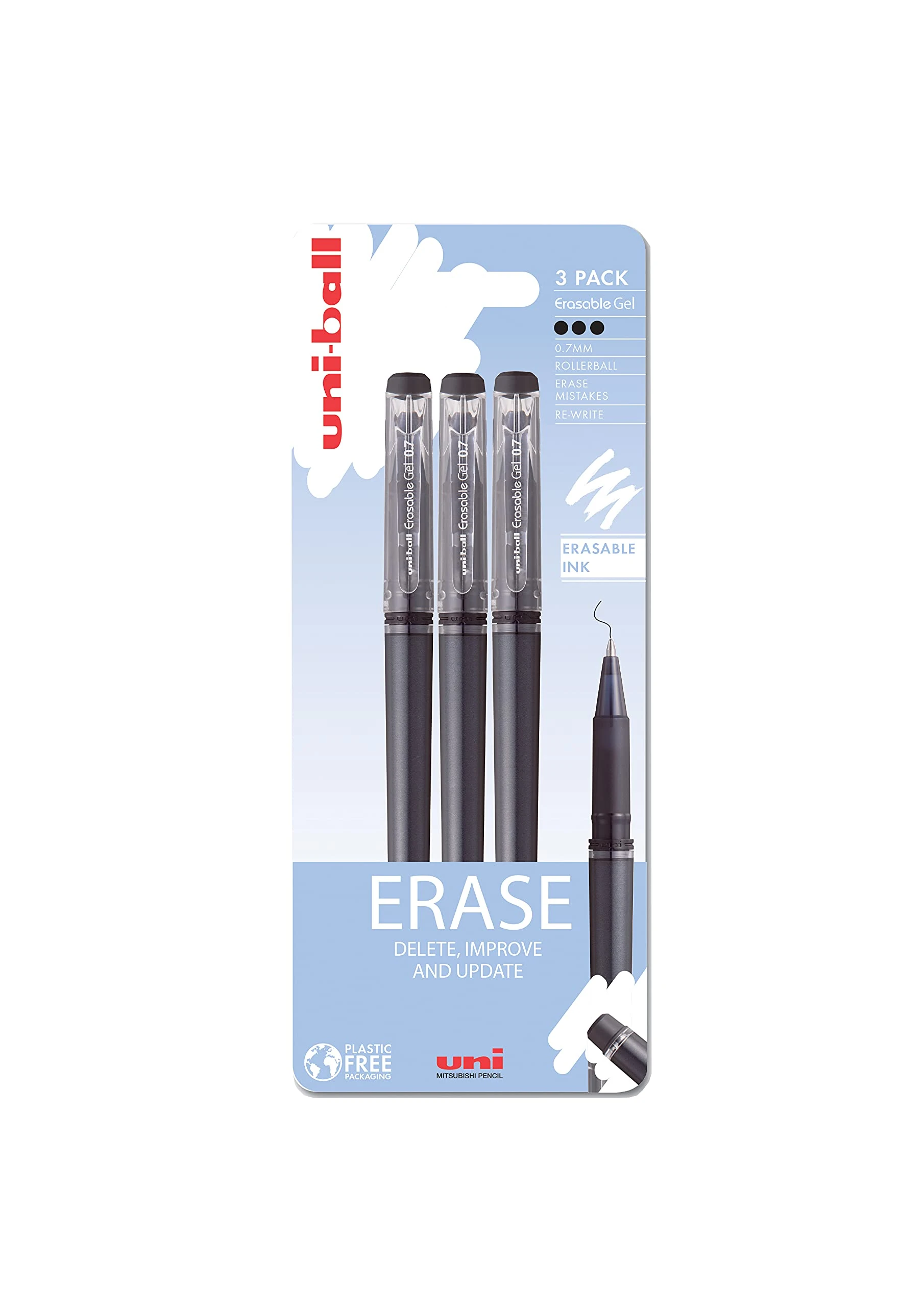 uni-ball UF-222-07 On Point Erasable Ballpoint Black Gel Pens. Premium 0.7mm Rollerball Tip for Super Smooth Handwriting. Easy-Retract Eraser for Secure and Stable Rubbing Out. Pack Of 3