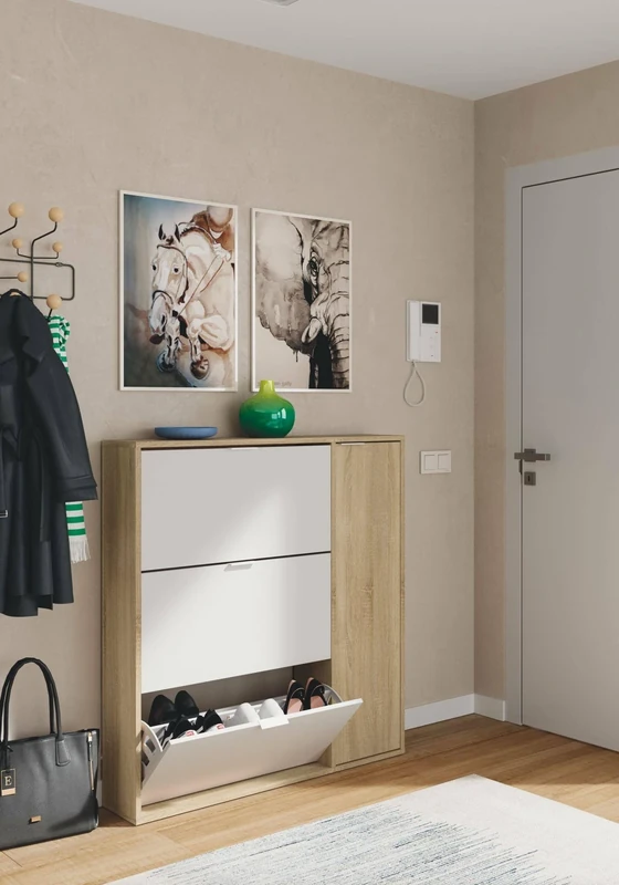 Dmora - Shoe cabinet Provo, Shoe cabinet with 4 doors, Multipurpose low cabinet with 5 shelves, Modern shoe rack, 106x22h115 cm, Oak and White