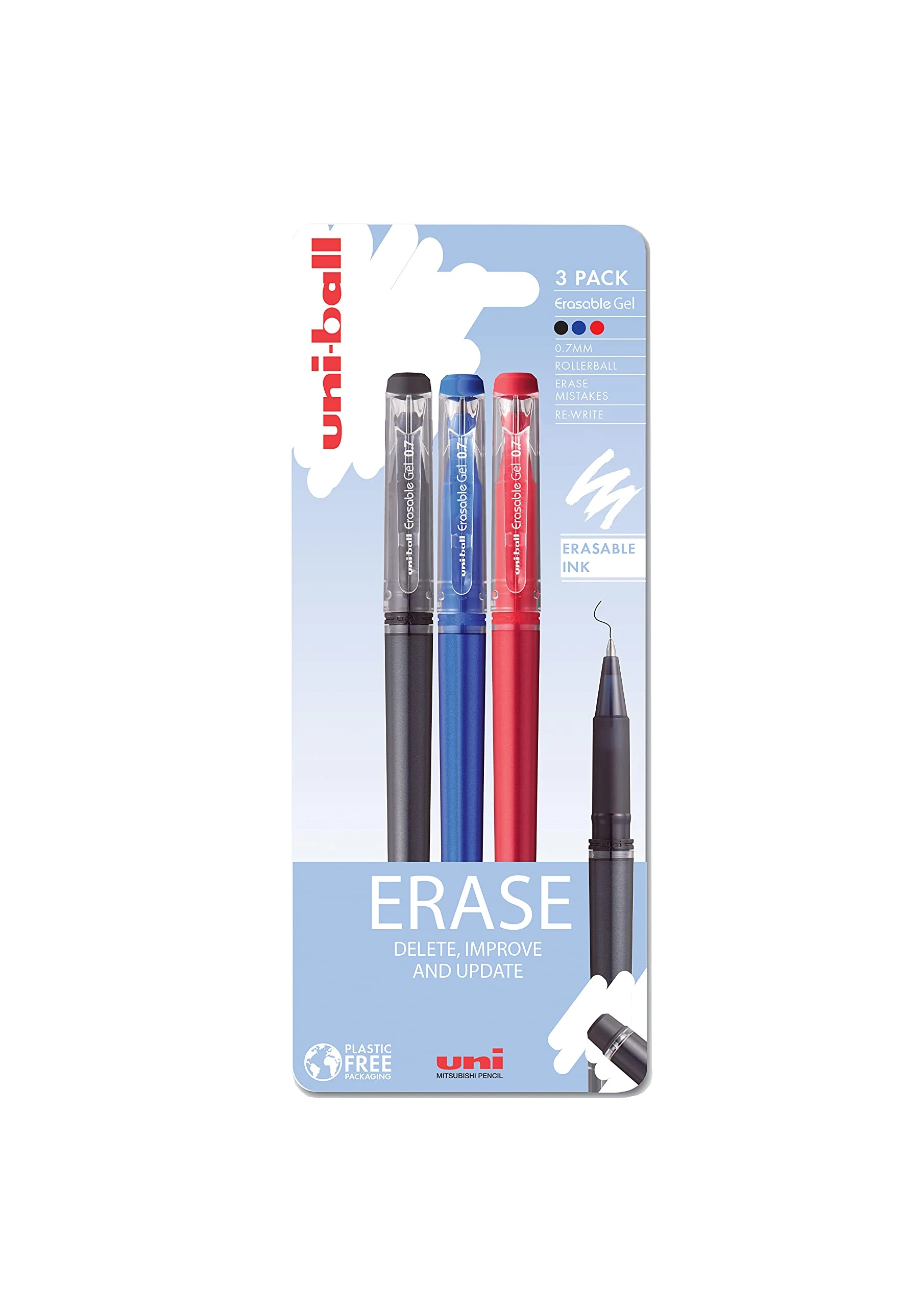 Uni-Ball UF-222-07 On Point Erasable Ballpoint Black, Blue and Red Gel Pens. Premium 0.7mm Rollerball Tip for Super Smooth Handwriting. Easy-Retract Eraser for Secure and Stable Rubbing Out. Pack Of 3