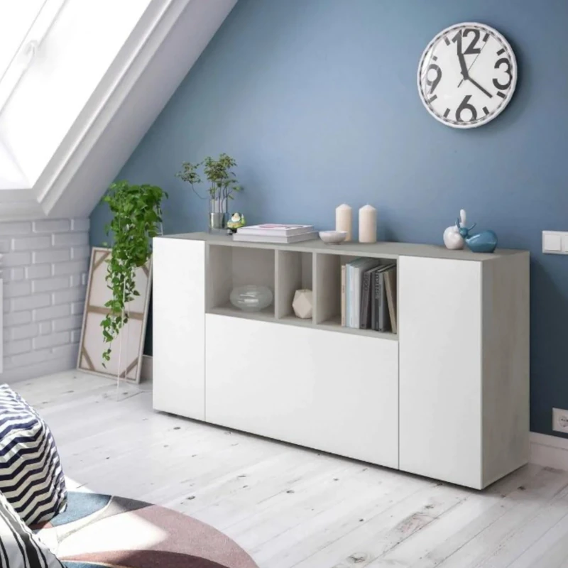 Dmora - Highboard Paterson, Modern sideboard with 3 doors, Living room buffet with compartments, Living room sideboard, TV cabinet, 150x41h76 cm, White and Cement