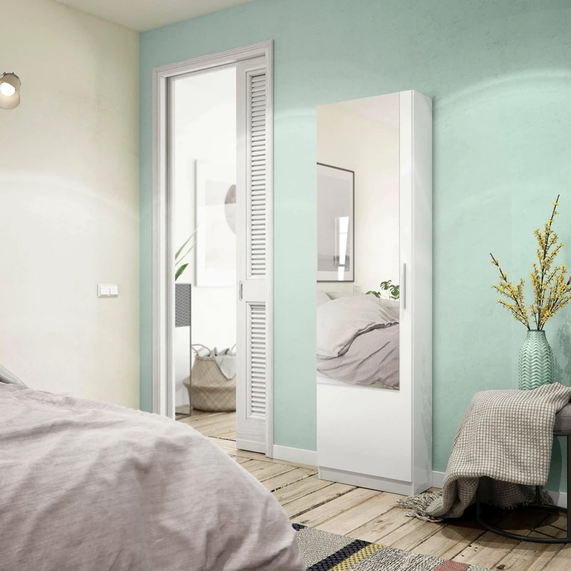 Dmora - Shoe cabinet Eugene, High shoe cabinet with 1 door, Modern shoe cabinet, Entrance wardrobe with mirror, 50x22h180 cm, White