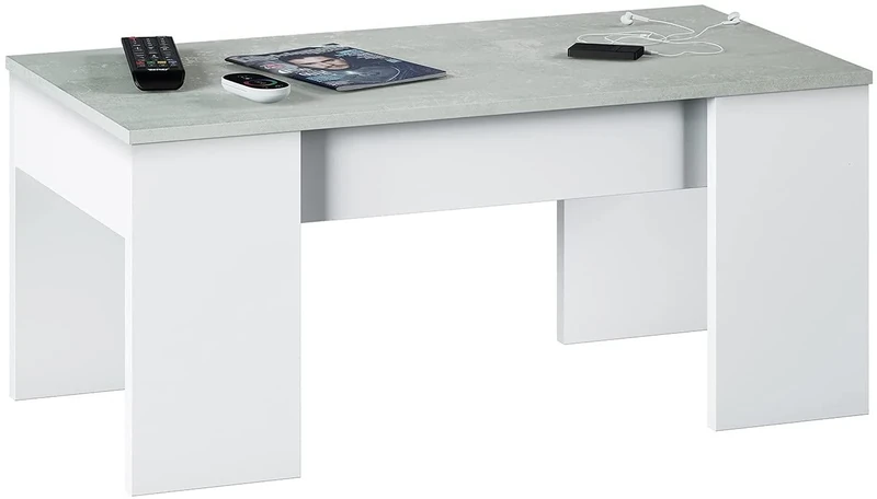 Dmora Coffee Table Oceanside, Liftable Top, White and Concrete, 100x50h45/56 cm