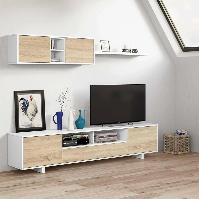 Dmora - Fitted wall Hartford, TV stand for living room, Living room set composition, Living room set with wall unit, 260x41h46 cm, Glossy white and oak