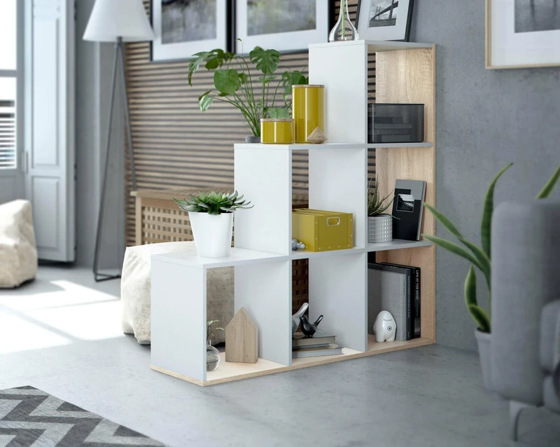 Dmora - Bookcase Cincinnati, Double-sided bookcase with 6 compartments, Office divider shelf, 108x28h110 cm, White and Oak