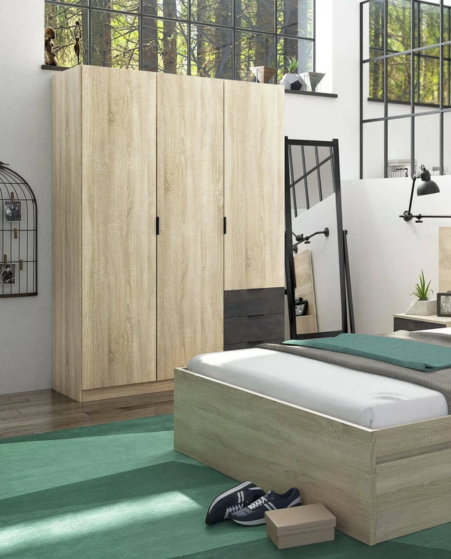 Dmora - Cloakroom Allentown, Bedroom wardrobe with 3 doors and 3 drawers, Cabinet with clothes hanger bar and 3 shelves, 121x52h180 cm, Oak and Oxide