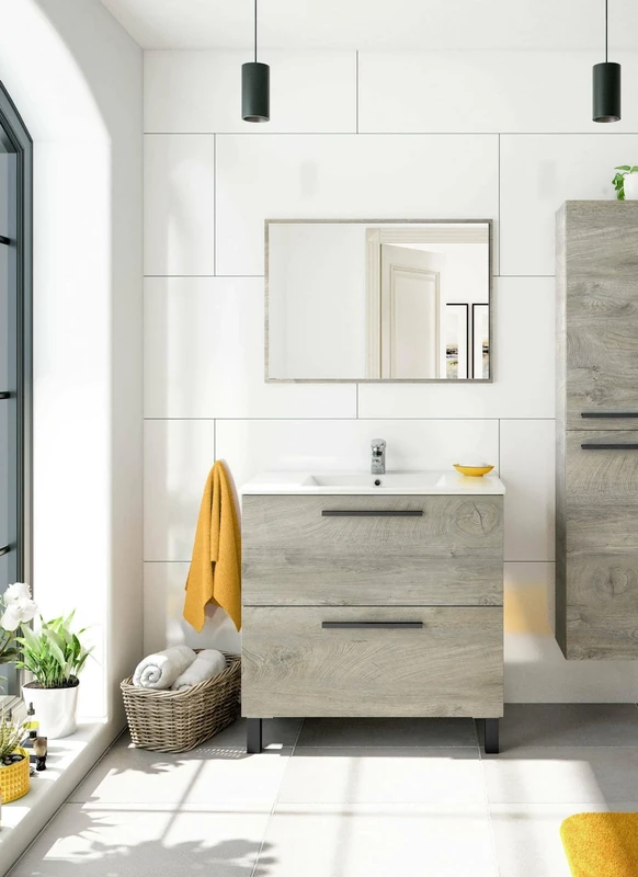 Dmora - Under-sink cabinet Yonkers, 2 drawer bathroom cabinet, Hanging cabinet with mirror, sink not included, 80x45h80 cm, Oak