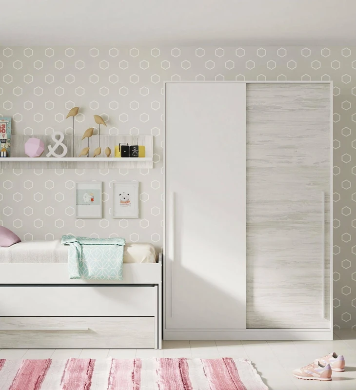 Dmora - Cloakroom Downey, Bedroom wardrobe with 2 sliding doors, Cabinet with clothes hanger bar and 3 shelves, 120x50h200 cm, Antique white