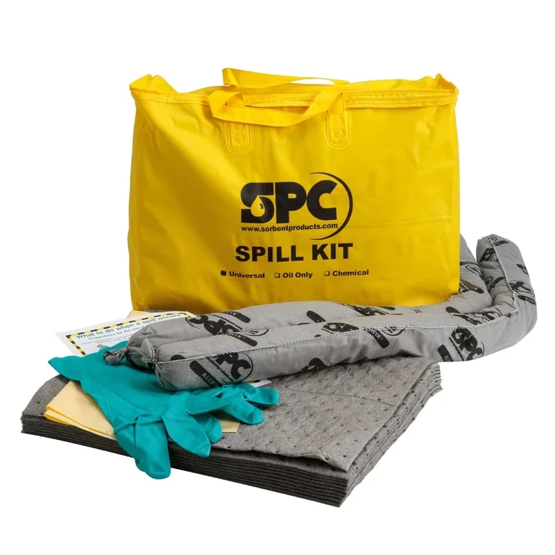 SPC® by Brady Universal Spill Kit – Anti-Pollution Kit - Portable Kit for Small Spills, Absorbs Oils, Water, Solvents & Coolants, Includes 10 Absorbent Pads, 2 Socks, Gloves & Disposal Bag