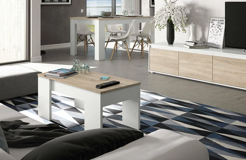 Dmora - Coffee table Oceanside, Coffee table with liftable top, Coffee table for the living room, 100x50h45/56 cm, White and Oak