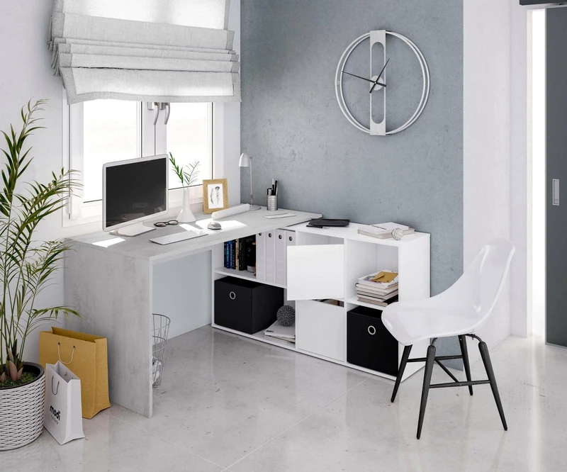 Dmora - Desk Vallejo, Multiposition reversible desk, Study or office table for PC with shelf, 136x139h74 cm, White and Cement