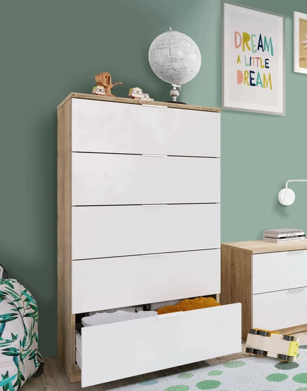 Dmora - Chest of drawers Mesquite, Weekly with 5 drawers, Dresser for bedroom, Modern weekly, 60x40h110 cm, Oak and White