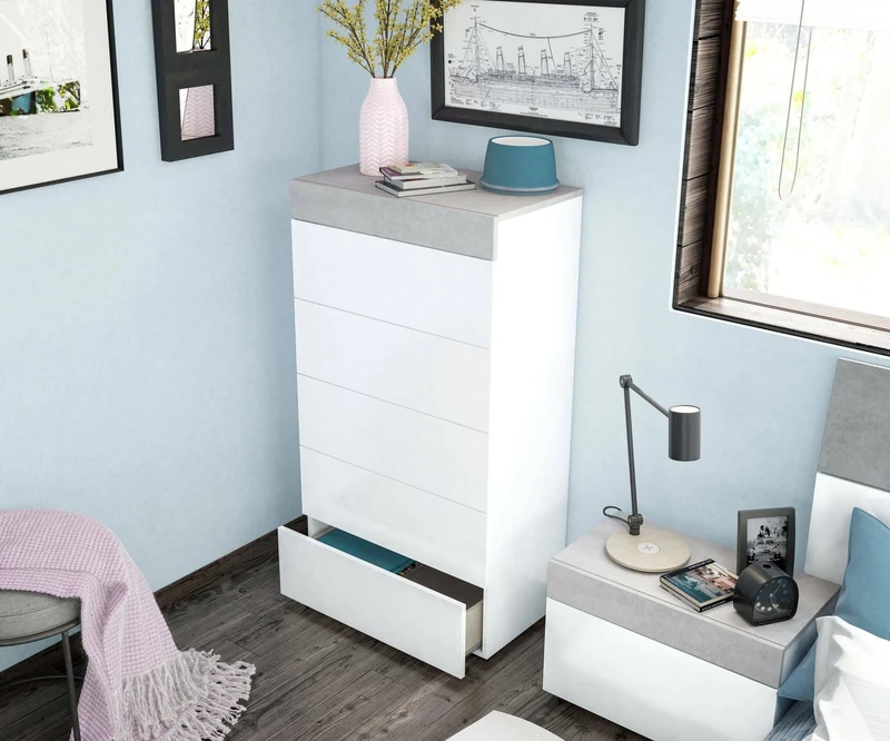 Dmora - Chest of drawers Irving, Weekly with 5 drawers, Dresser for bedroom, Modern dresser, 61x40h118 cm, White