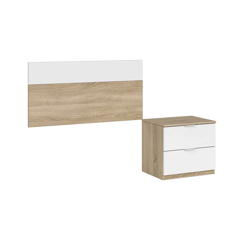 Dmora - Bedside table Honolulu, Two-drawer bedside table with headboard for 90 single bed, 100h50 cm Oak and White