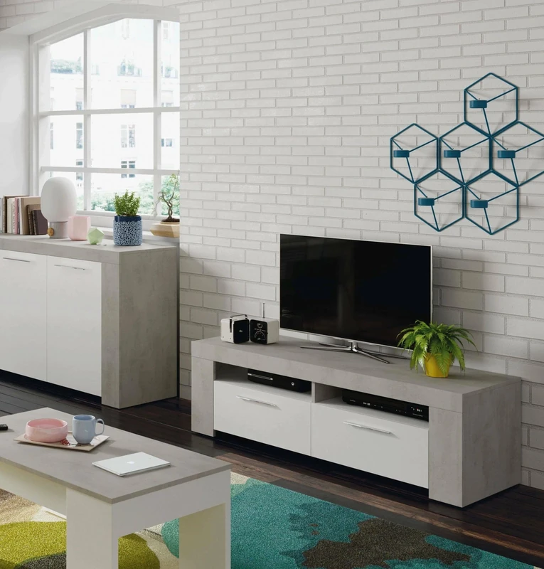 Dmora - TV stand Stamford, Living room television sideboard, TV stand with 2 doors, Low sideboard for living room, 120x42h40 cm, White and Cement