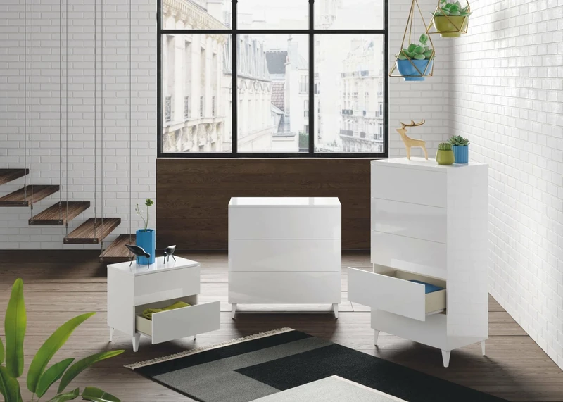 Dmora - Bedside table Nashville, Nightstand with 2 drawers, Night table, Low chest of drawers for bedroom, 50x34h49 cm, Glossy white