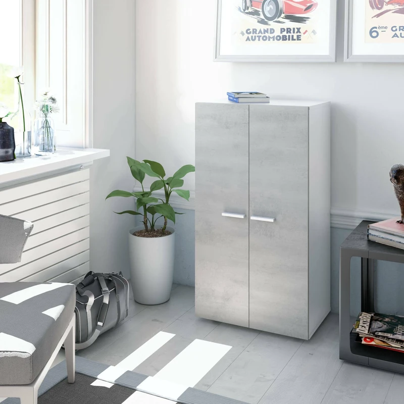 Dmora - 2 doors Multipurpose cabinet Norwalk, Shoe wardrobe, Low cabinet with 6 shelves, Modern low shoe rack, 55x36h103 cm, White and Cement