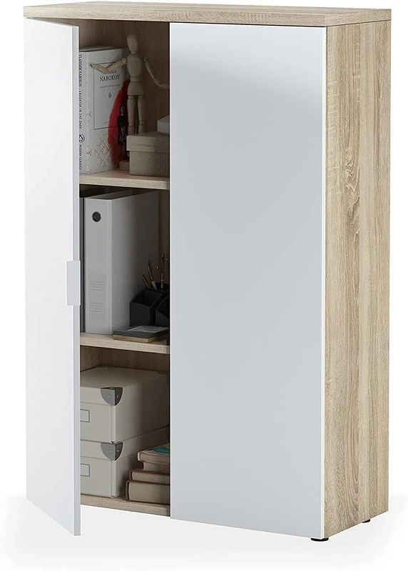 Dmora - Multipurpose cabinet Plano, Multipurpose cabinet with 2 doors, Shoe cabinet with 3 shelves, Modern shoe rack, 80x33h119 cm, Oak and White