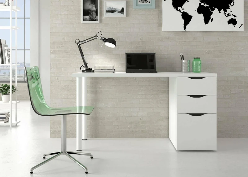 Dmora - Desk Filadelfia, Reversible office desk, Study table with chest of drawers with 2 drawers and 1 door, 138x60h74 cm, White