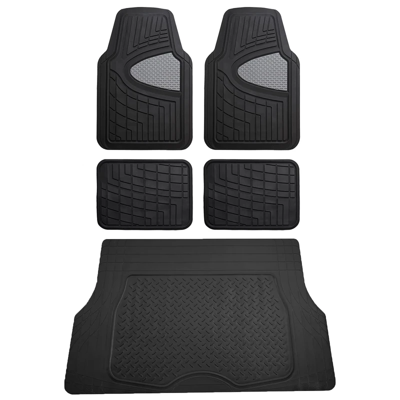 FH Group Premium Liners Tall Channel Trimmable Rubber Car Floor Mats (Gray)- Full Set w. Trimmable Vinyl Cargo Liner (Black) - Universal Fit for Cars Trucks and SUVs