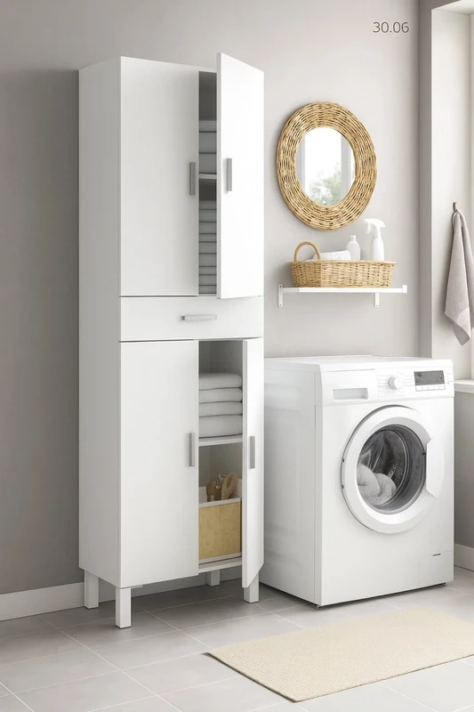 Dmora - Multipurpose cabinet Oxnard, Cabinet for bathroom or laundry room with 4 doors and 1 drawer, Multipurpose shoe cabinet, 60x29h182 cm, Glossy white