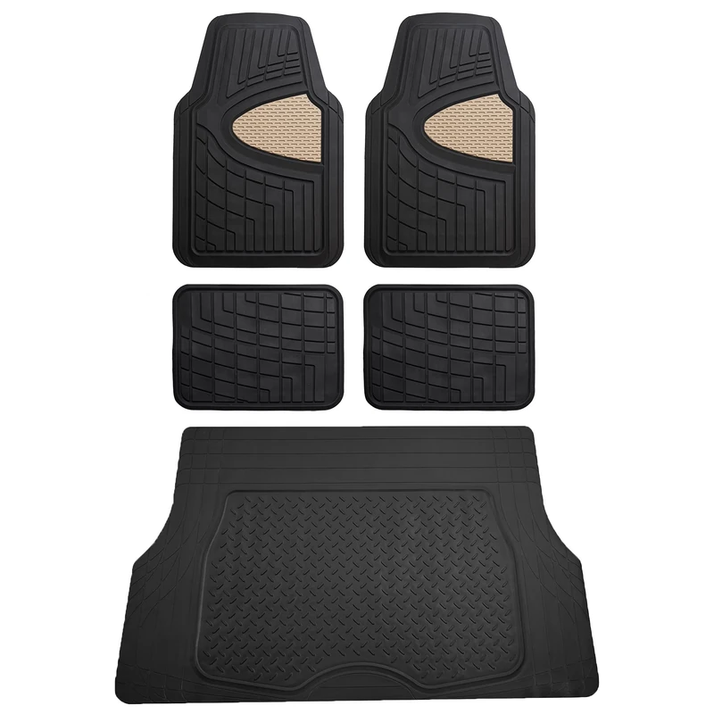 FH Group Premium Liners Tall Channel Trimmable Rubber Car Floor Mats (Beige)- Full Set w. Trimmable Vinyl Cargo Liner (Black) - Universal Fit for Cars Trucks and SUVs
