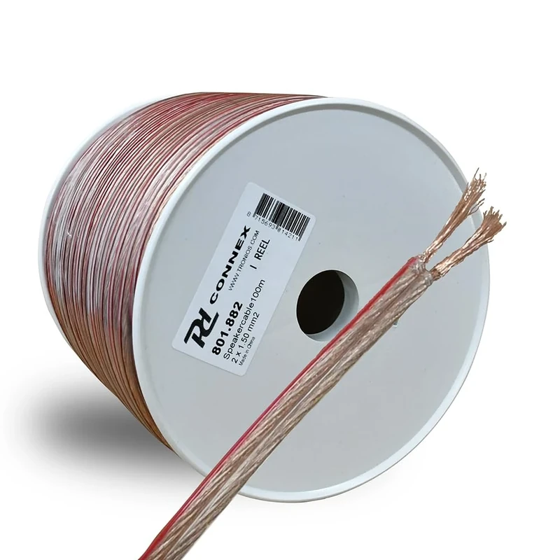 PD Connex 801.882 2-Core Speaker Cable 1.5mm^2 CSA Transparent Hi-Fi Audio Wire with Red Polarity Indicator - 100m Reel for Professional Sound System Installation