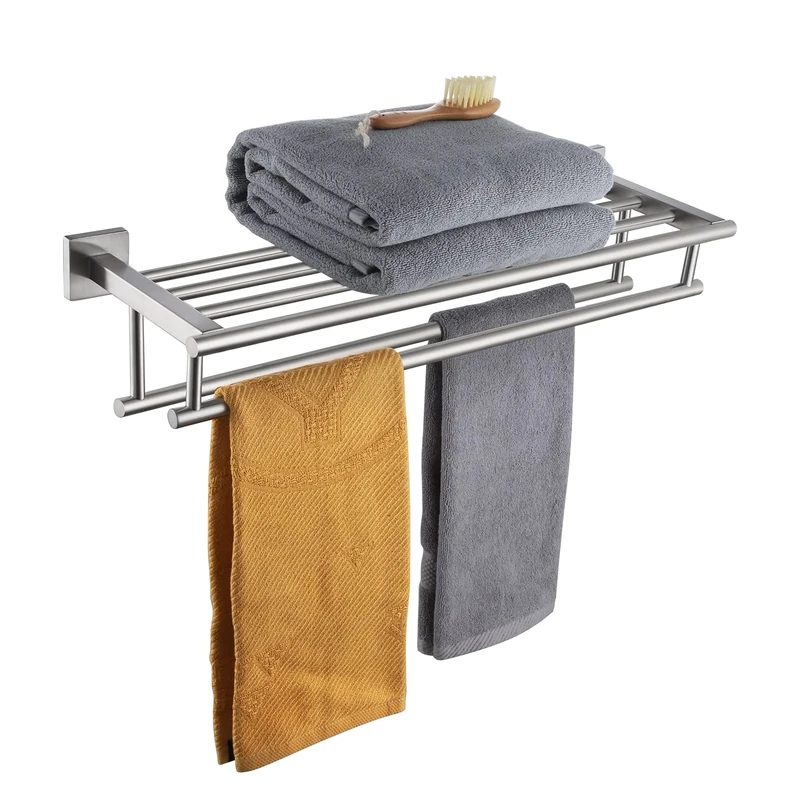KOKOSIRI 24 Inch Towel Shelf with Double Towel Bars Bathroom Towel Rack Towel Holder Wall Mounted SUS 304 Stainless Steel, Brushed Nickel, B6005BR-L24
