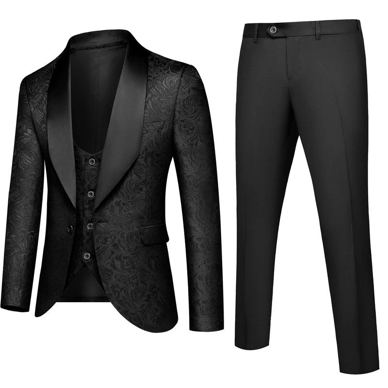 UNINUKOO Mens Floral Suits 3 Piece Tuxedo Suit Slim Fit Jacquard Tux Suit Set Shawl Lapel for Wedding Prom Suit, Black, M