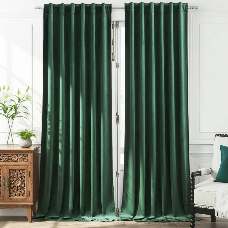 Timeper Dark Green 120 Inch - Extra Long for High Ceiling Decorative Super Soft Velvet Thermal Blackout Curtain Panel Drapes Sound Reducing, Rod Pocket Back Tab, Dark Green, 52Wx 120L, 2 Panels