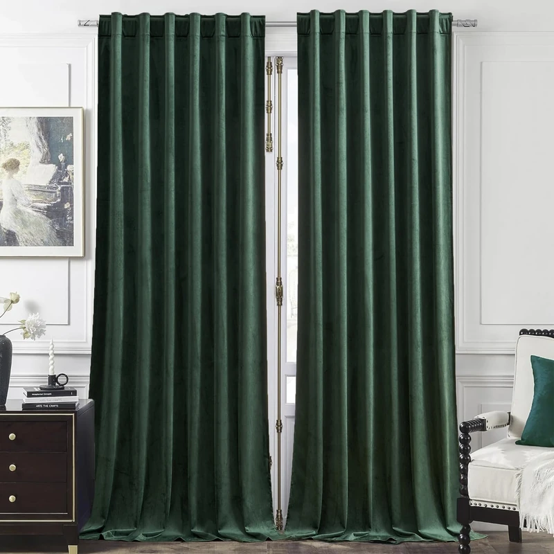Timeper Green Velvet Curtains 84 inches Length - Room Darkening Classic Velvet Thermal Insulated with Rod Pocket Back Tab Window Curtain for Bedroom Dining Room, Dark Green, 2 Panels, W52 x L84
