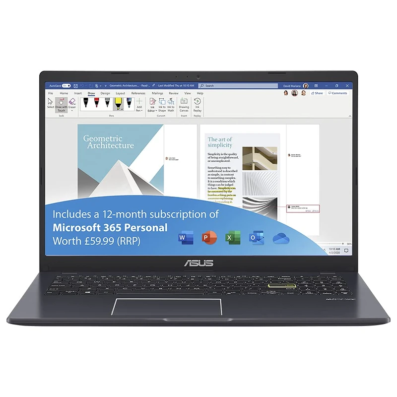 ASUS Vivobook E510MA 15.6 Inch Full HD Laptop (Intel Celeron N4020, 4GB RAM, 64GB eMMC, Windows 10) Includes 1 Year Microsoft Office 365 Subscription - Image 1