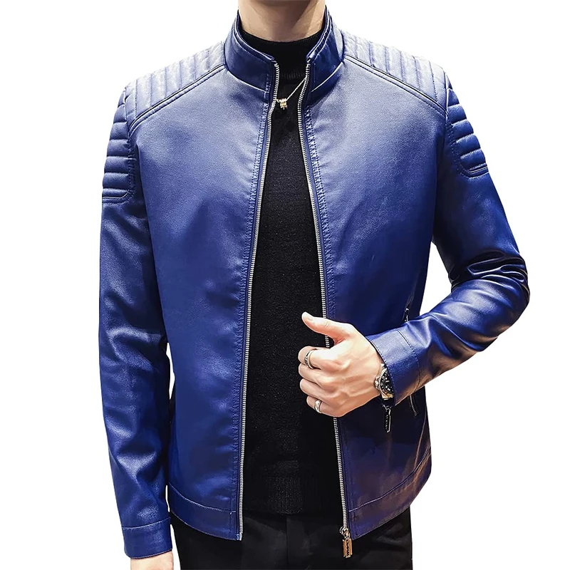 Womleys Mens Casual Stand Collar Slim Fit Faux Leather Jacket Biker Motorcycle Jacket, X-blue, Large