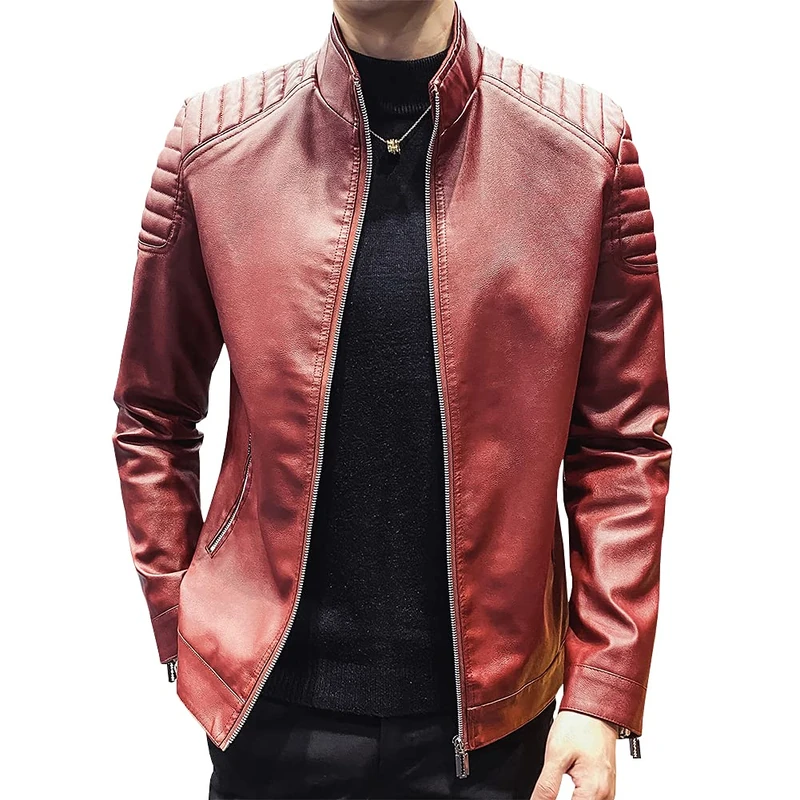 Womleys Mens Casual Stand Collar Slim Fit Faux Leather Jacket Biker Motorcycle Jacket, X-red, Large