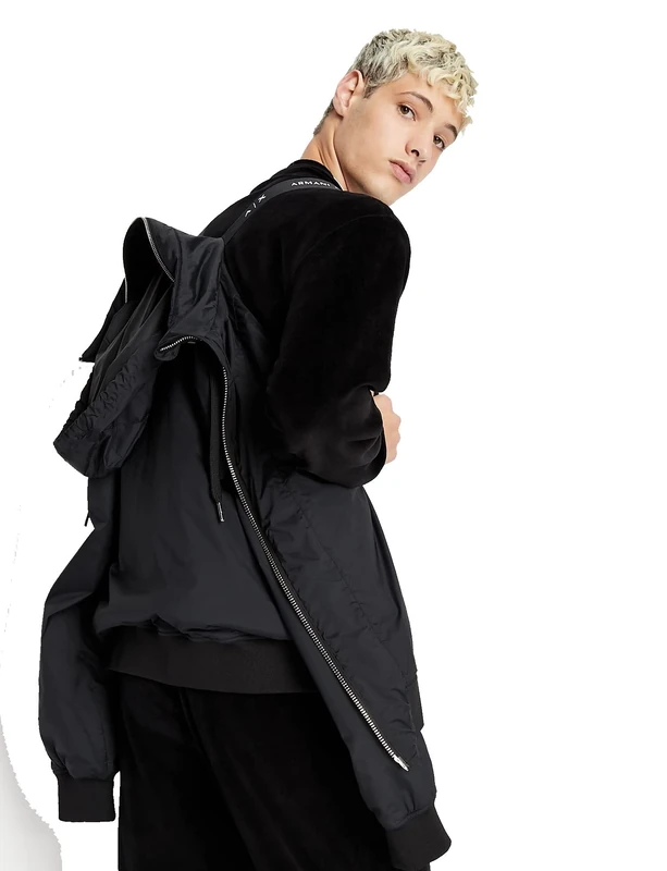 Armani Exchange Men's Front, Logo on Drawstrings, Zip Pockets, Concealed Hood Jacket, Black, Medium