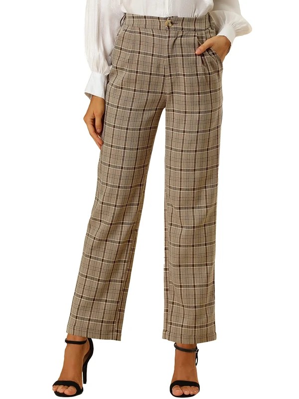 Allegra K Women's Plaid Pants Elastic Waist Casual Work Office Long Trousers, Light Brown, XL