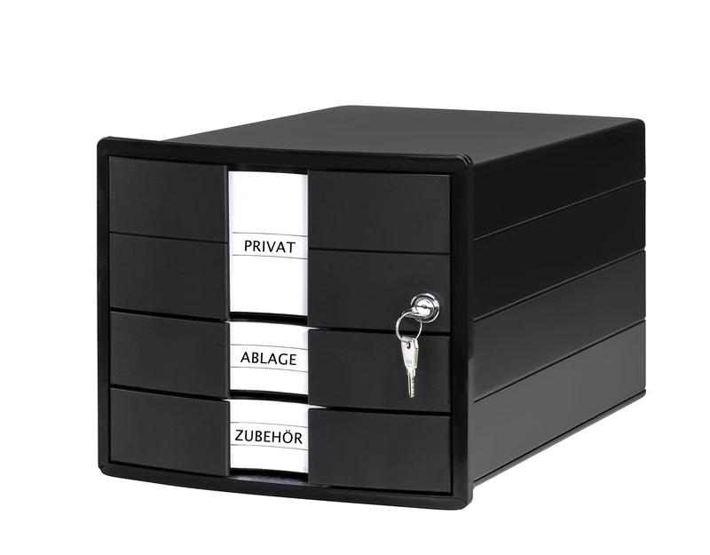 HAN Impuls 2.0 Drawer Box Lockable with 3 Closed Drawers for DIN A4/C4 Including Labelling Labels, Document Box, Base with Pull-Out Lock, Furniture-Friendly Rubber Feet, 1018-13, Black