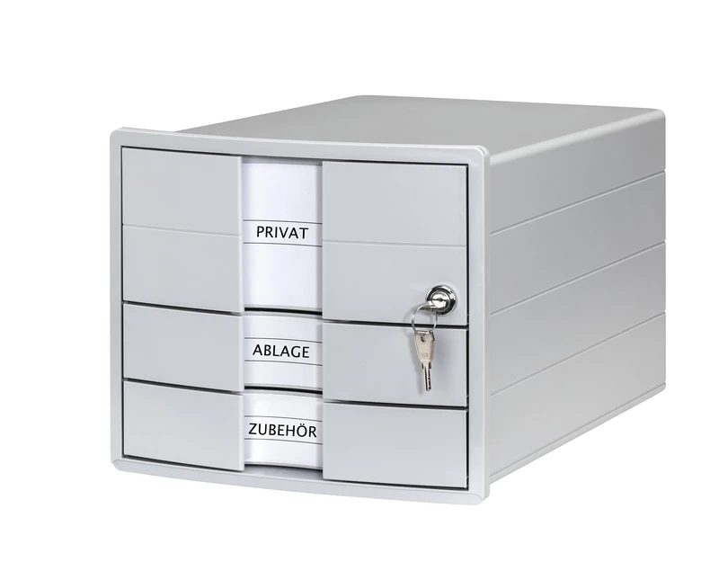 HAN Impuls 2.0 Drawer Box Lockable with 3 Closed Drawers for DIN A4/C4 Including Labelling Labels, Document Box, Base with Pull-Out Lock, Furniture-Friendly Rubber Feet, 1018-11, Light Grey