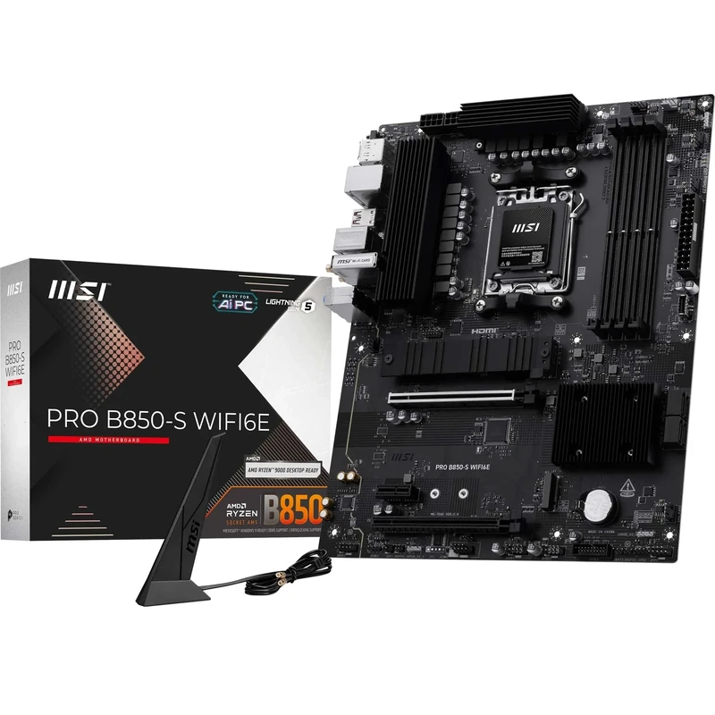 MSI PRO B850-S WIFI6E Motherboard, ATX - Supports AMD Ryzen 9000/8000 / 7000 Processors, AM5 - DDR5 Memory Boost (8200+ MT/s OC), PCIe 4.0 x16, M.2 Gen5, Wi-Fi 6E, 2.5G LAN