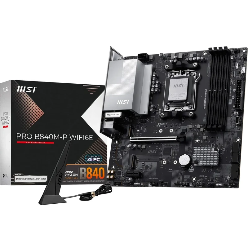 MSI PRO B840M-P WIFI6E Motherboard, mATX - Supports AMD Ryzen 9000/8000 / 7000 Processors, AM5 - DDR5 Memory Boost (8000+ MT/s OC), PCIe 4.0 x16, M.2 Gen4, Wi-Fi 6E, 2.5G LAN