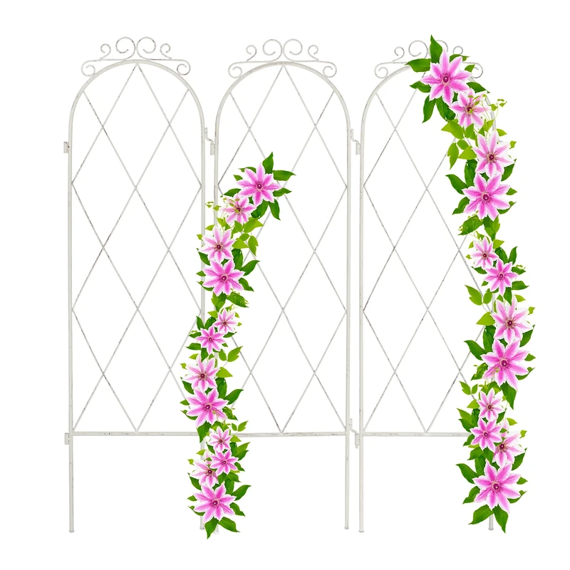 Relaxdays 3-panel trellis, vintage garden screen, metal lattice, climbing plants, 92x27.5 cm (HxW), free-standing, white, Steel, 92 x 27.5 x 1 cm