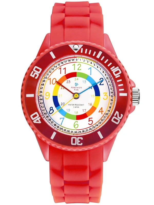 Alienwork Kids Watch - Red Silicone Strap, 5 ATM Waterproof